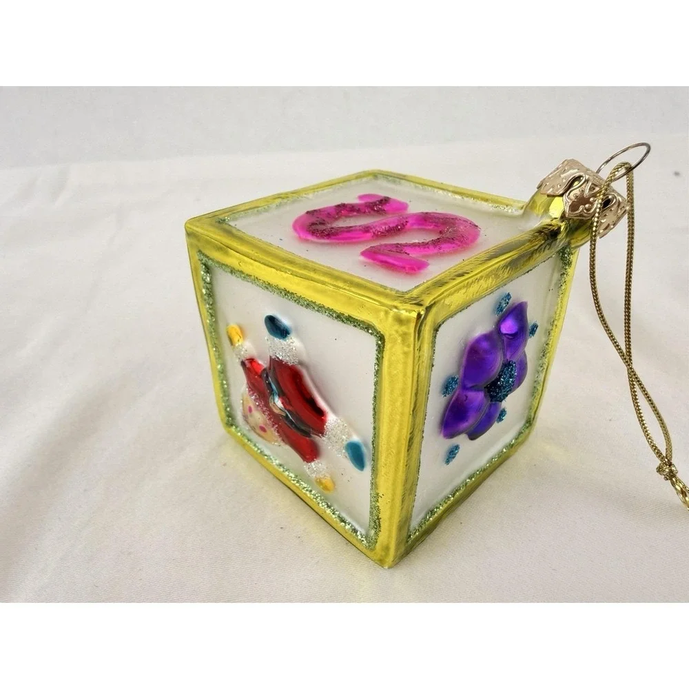 Vintage Hand Blown Glass Cube Christmas‎ Ornament Raised Applied Decoration